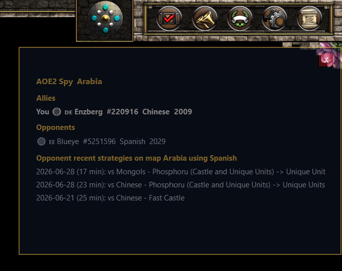 AOE2 Spy overlay showing opponent ELO and recent strategies