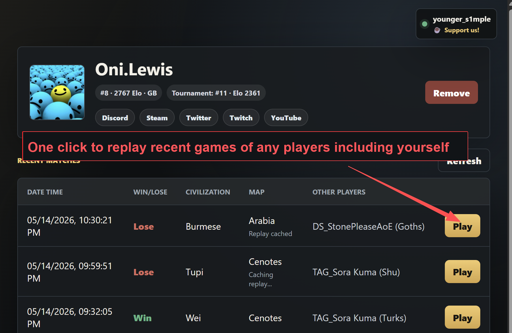 Recent matches replay list with one-click play buttons